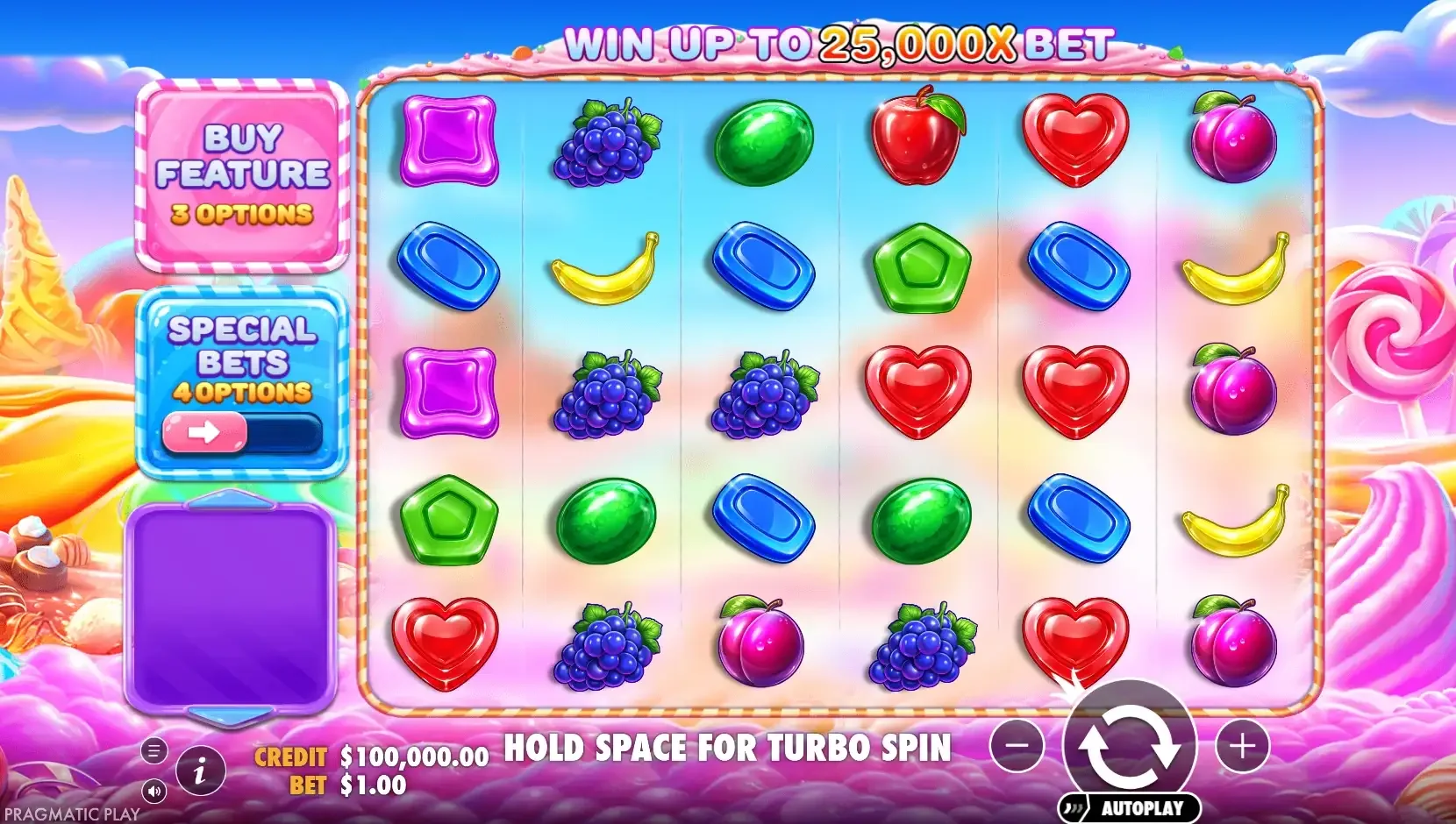 Sweet Bonanza 2500 base game on the 6x5 grid with Buy Feature and Special Bets buttons