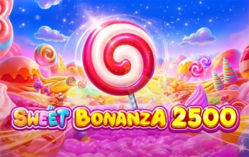 Sweet Bonanza 2500 slot logo with a giant lollipop in candy land